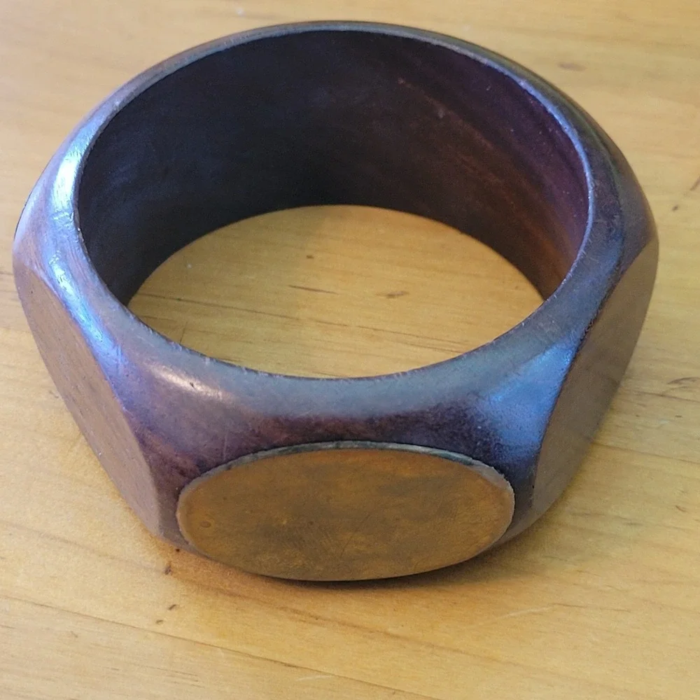 Vintage Chunky Wood Brass Inlay Bangle Bracelet Wide Modernist 50g